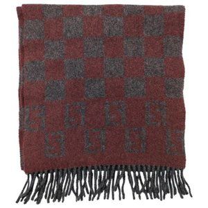 Fendi Red Grey Zucca Print Logo Fringe Wool Scarf